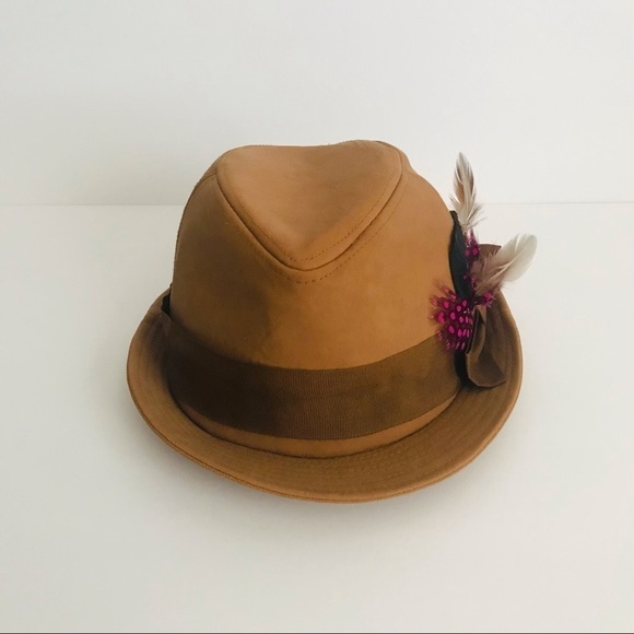 Faux Leather Fedora Brown Tan Feathers Hat - Picture 3 of 8